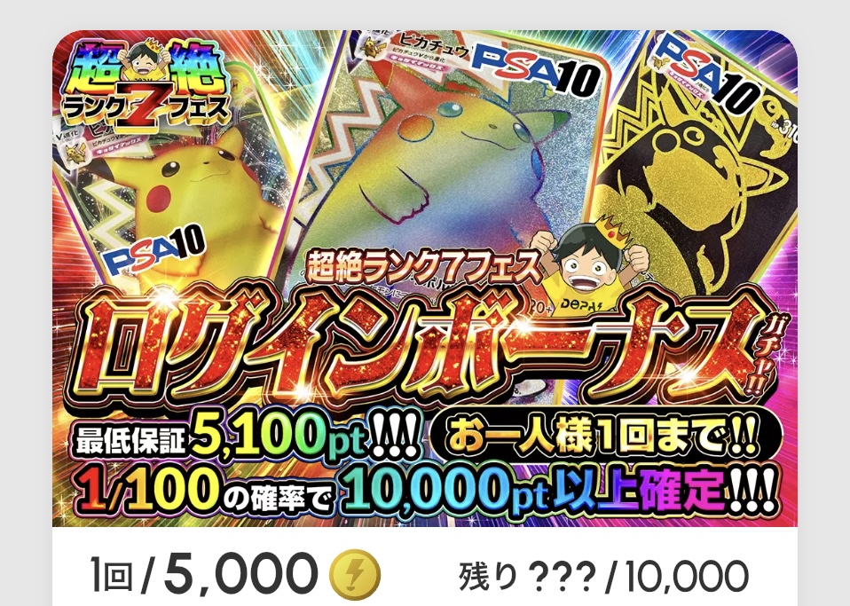 超絶ランク7フェス「ログインボーナスガチャ!!(一口5,000pt)」